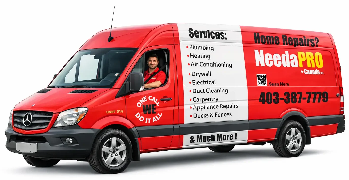 A professional service technician sitting in the driver’s seat of a Need A Pro company van. The tech is smiling and looking toward the camera, wearing a clean branded uniform, suggesting readiness for a service call.