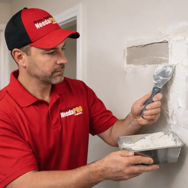 A Need A Pro technician in a professional uniform working on a wall repair. The tech is focused on the task, using hand tools to fix a section of the wall in a residential or commercial setting.